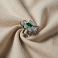 Adjustable Copper Emerald Flower Ring in Silver Tone, 3.1cm Long