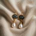 Geometric Earrings with Black Stone and Shiny Pearl