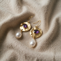 Pearl Earrings with Purple Stone