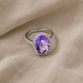 Silver-Tone Ring with Oval Amethyst and Zirconia